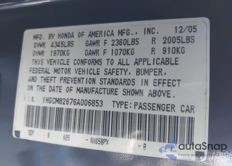 2006 Honda Accord 3.0 Ex из США, поврежденный, VIN 1HGCM82676A006853